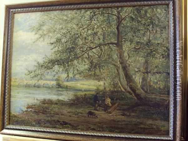 Wooded River Landscape With Gentlemen And Dog By The Riverside Oil Painting - Sebastopol Samuel Holland