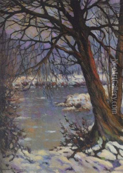 Tree By The Lake In Winter Oil Painting - Alexandre Altmann
