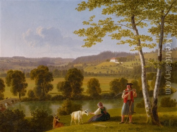 Peasant Couple By The Thur With View Of Schloss Oetlishausen Oil Painting - Johann Jakob Biedermann