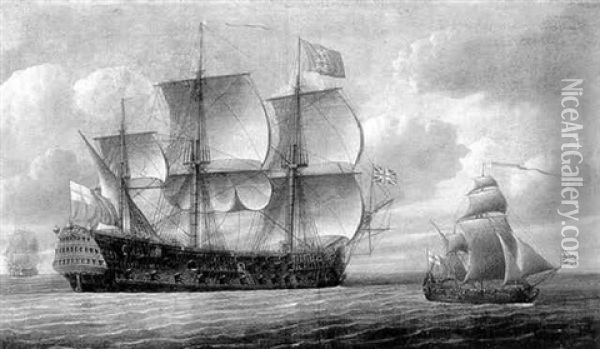 An English Three-decker First Rate And A Ketch Rigged Royal Yatch Under Sail Oil Painting - Isaac Sailmaker