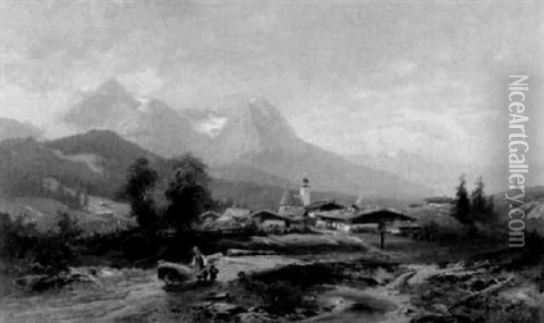 Hochgebirgslandschaft Mit Blick Auf Die Zugspitze Oil Painting - Heinrich Hiller