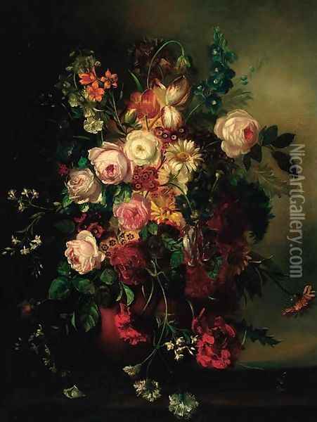 Roses, tulips, pansies and other summer flowers in a vase on a ledge Oil Painting - Jan Frans Van Dael