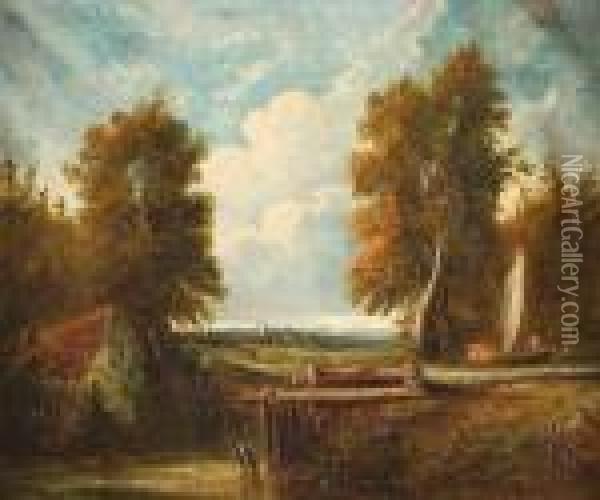 A Barge Approachinga Lock Gate Oil Painting - John Constable