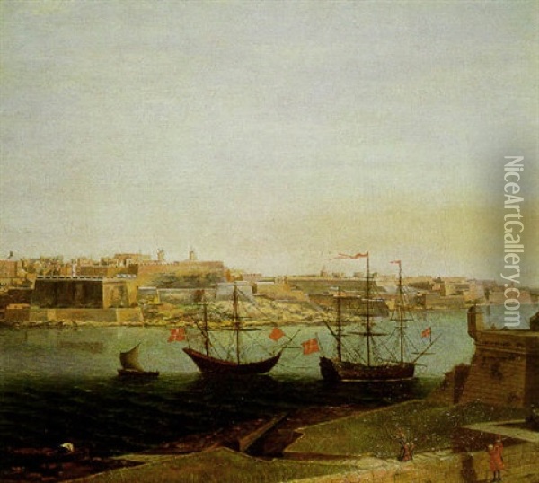 A View Of Valetta With Ships In The Foreground Oil Painting - Alberto Pullicino