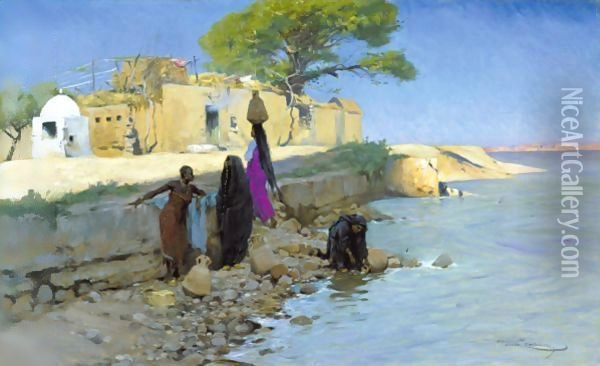 Washerwomen On The Nile Oil Painting - Wilhelm Kuhnert