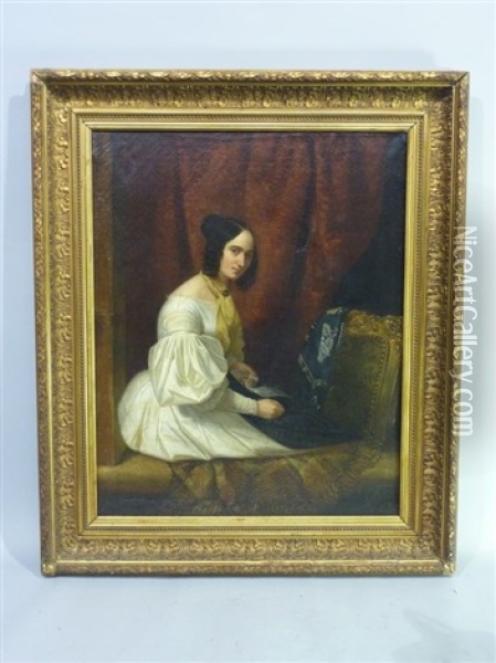 Jeune Femme A Sa Broderie Oil Painting - Philippe Marbeau