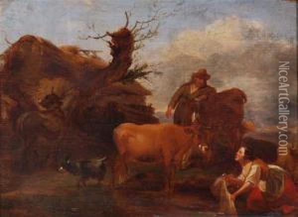 Figures And Livestock Next To A Hayloft Set Within A Classicallandscape Oil Painting - Pieter Van Bredael