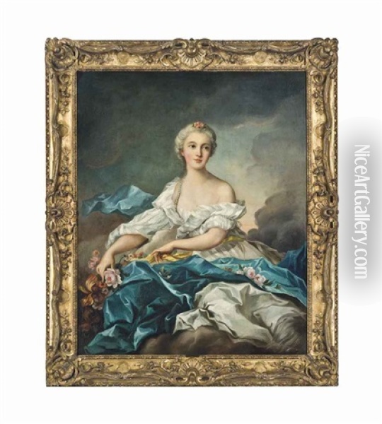 Portrait Of A Lady, Three-quarter-length, As Flora, In A White Dress With A Blue Wrap, A Landscape Beyond Oil Painting - Jean Marc Nattier