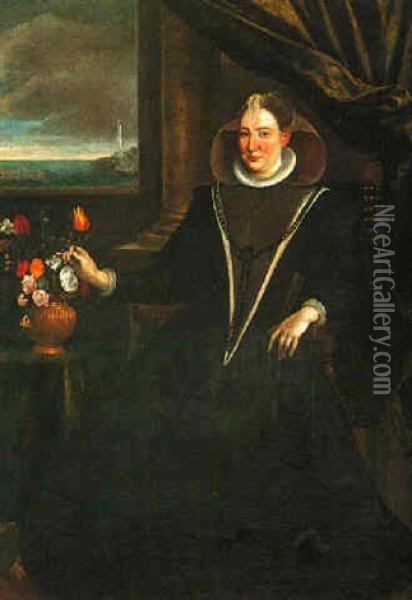 Portait Of A Noblewoman Wearing Black, Full Length, Seated Beside A Vase Of Flowers, A Harbour Beyond Oil Painting - Scipione Pulzone