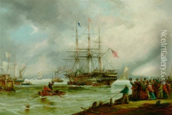 Engelske Og Amerikanske Sejlskibe Modtages Af Glade Folkeskarer Pa Havnemolen Oil Painting - George William Crawford Chambers