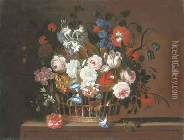 Roses, tulips, morning glory, carnations, delphinium, primrose, narcissi and other flowers in a basket on a stone ledge Oil Painting - Pieter Hardime