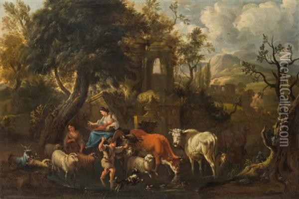 Arcadian Landscape With Herd Of Cattle Oil Painting - Michiel Carree