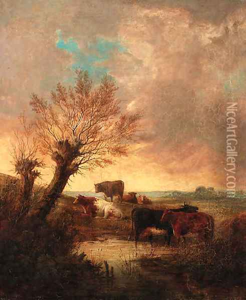 An Extensive Wooded Landscape With Cattle Watering At A Stream Oil Painting - Thomas Sidney Cooper