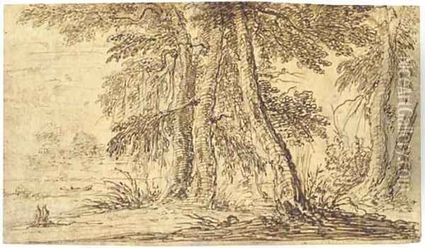 A copse of mature trees with two figures Oil Painting - Gilles Neyts
