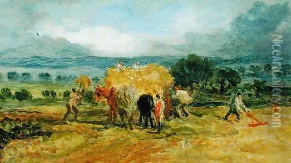 A Harvest Scene with Workers loading Hay on to a Farm Wagon Oil Painting - James Ward