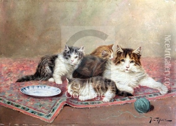 Cat And Kittens On A Rug Oil Painting - Joseph Anne Jules le Roy