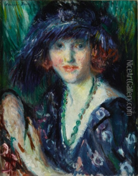 The Blue Feathered Hat Oil Painting - Adolphe Borie