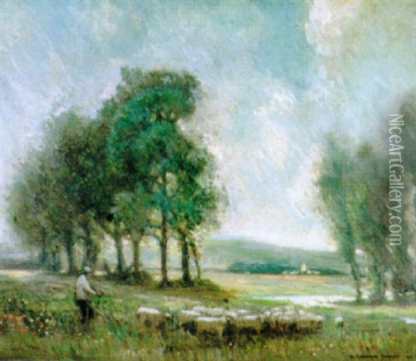 A Shepherd With His Flock In A Meadow Oil Painting - Robert Kirkland Jamieson