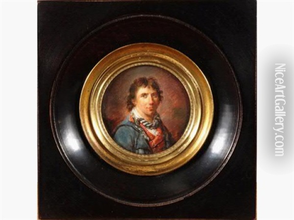 Portrait D'un Conventionel En Habit Bleu, Gilet Rouge Raye Et Au Foulard Oil Painting - Joseph (Derunton) Deranton