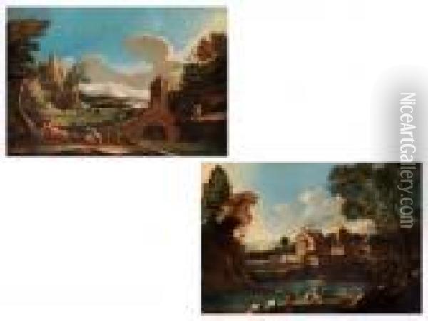 Landschaft Mit Bogenbrucke, Erhoht Stehender Burg Undfigurenstaffage Oil Painting - Marco Ricci