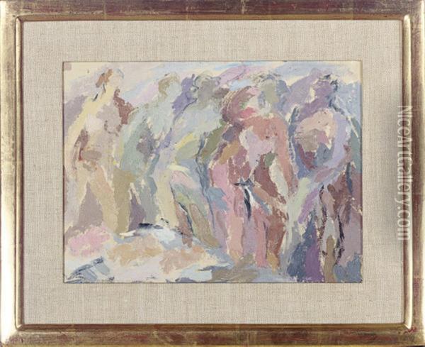 Five Women And Babies On A Windy Plain Oil Painting - Eugenie Baizerman