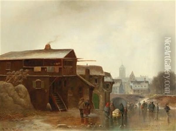 Winter Amusements With A Town In The Background Oil Painting - Anton Doll