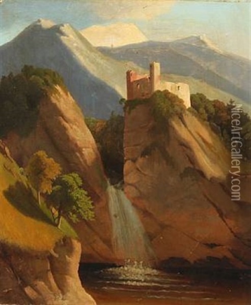 Mountainscape With A Castle Ruin Oil Painting - Georg Emil Libert