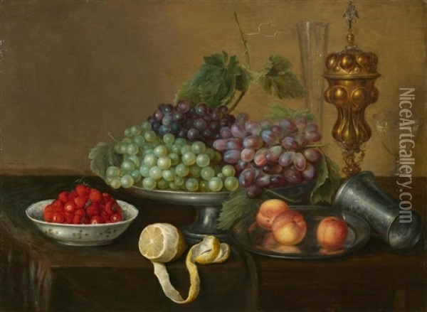 Fruchtestillleben Mit Trauben, Erdbeeren, Pfirsichen Und Zitrone Auf Einem Tisch Oil Painting - Frans Ykens