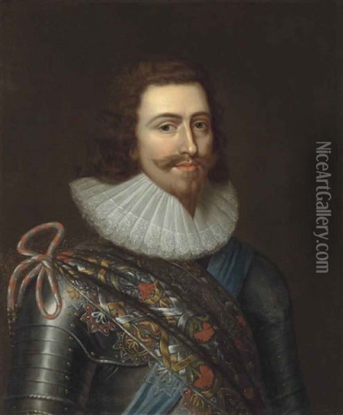 Portrait Of George Villiers (1592-1628), 1st Duke Of Buckingham, Half-length, In Armour And A Ruff, Wearing A Multi-coloured Baldric And... Oil Painting - Balthazar Gerbier d'Ouvilly