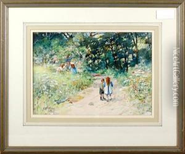 Children On A Country Lane Oil Painting - Charles Gustav Louis Phillips
