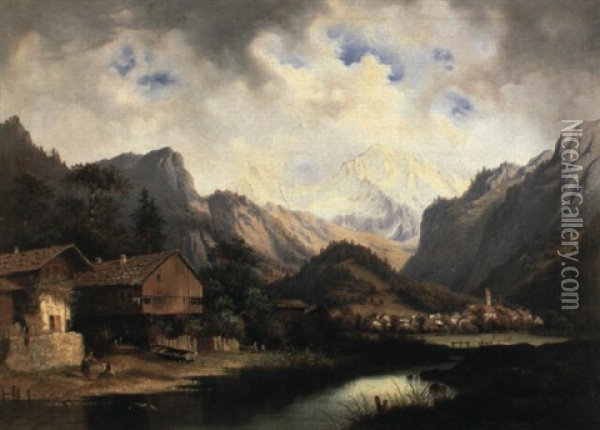 Gebirgsdorf An Einem Teich Oil Painting - Carl Hasch