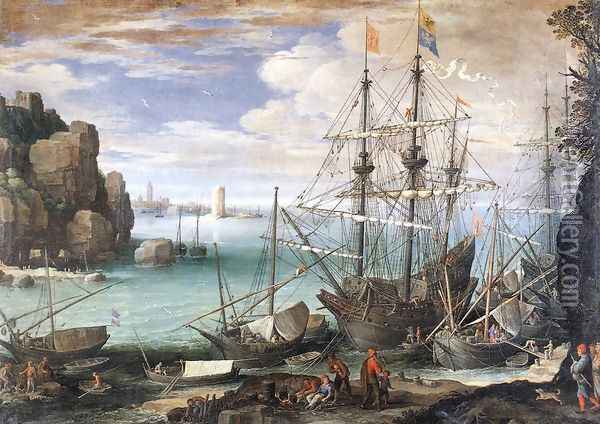 View of a Port c. 1607 Oil Painting - Paul Bril