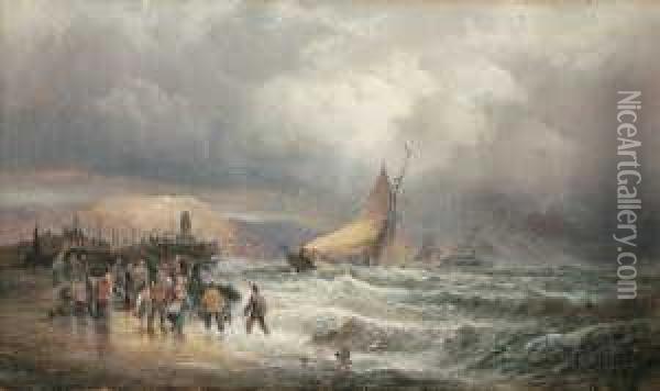 Beim Entladen Des Fischfangs. Oil Painting - William Georges Thornley