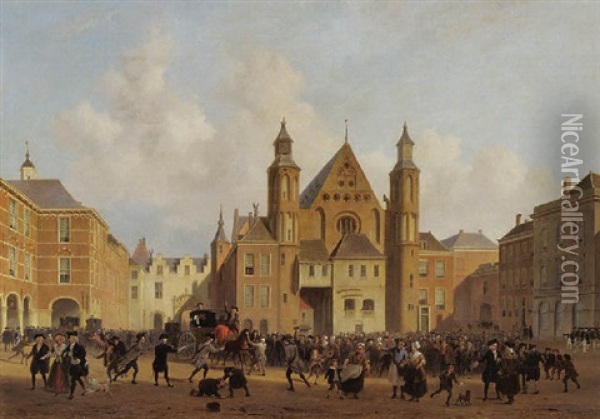 Riding Through The Stadhouderspoort Of The Binnenhof, The Hague, By The Delegates Of Dordrecht, 17 March 1786 Oil Painting - Bartholomeus Johannes Van Hove