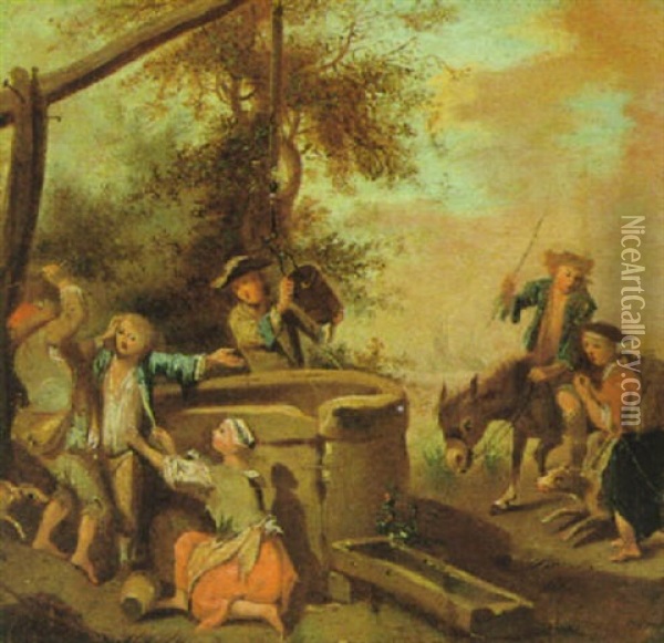 Raufende Knaben An Einem Brunnen Oil Painting - Johann Conrad Seekatz