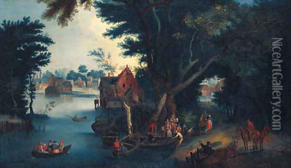A wooded river landscape with figures boating by a village Oil Painting - Pieter Gysels
