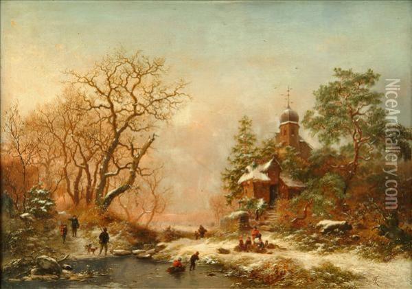 Winterlandscape With Figures Beside A River Oil Painting - Frederik Marianus Kruseman