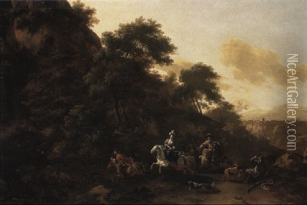 Stag Hunt In A Rocky Landscape Oil Painting - Dirk Maes
