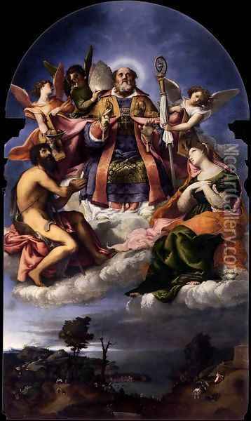 St Nicholas in Glory with Sts John the Baptist and Lucy Oil Painting - Lorenzo Lotto