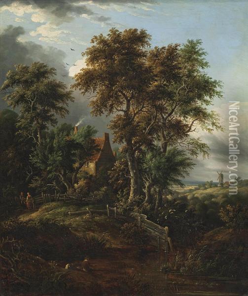 A Wooded Landscape With An Angler By A Cottage And A Windmill Beyond Oil Painting - Abraham Pether