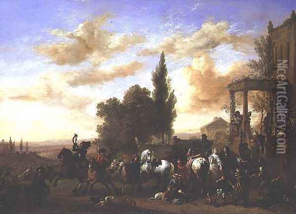The Departure of a Hunting Party from a mansion Oil Painting - Philips Wouwerman