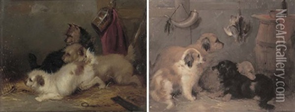 Terriers Ratting (+ Spaniels In A Larder; Pair) Oil Painting - George Armfield