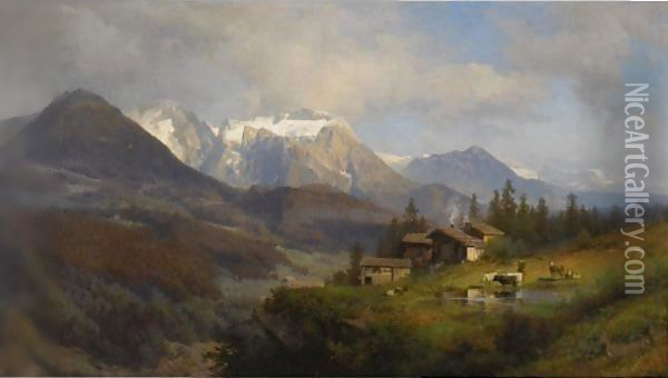 An Alpine Village Oil Painting - Herman Herzog