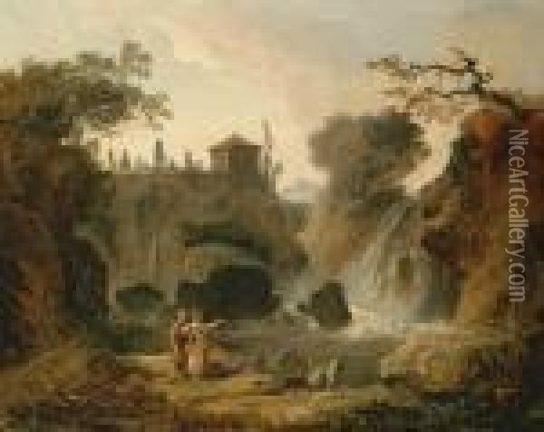 The Waterfall At Tivoli With Figures Resting By The Pool Oil Painting - Hubert Robert