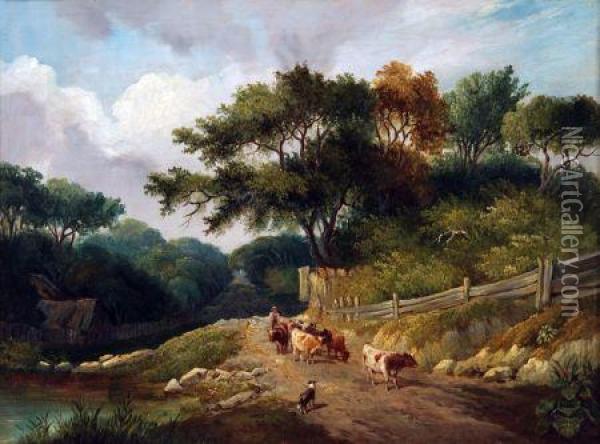Herder With Dog And Cattle In A Wooded Lane Oil Painting - James Stark