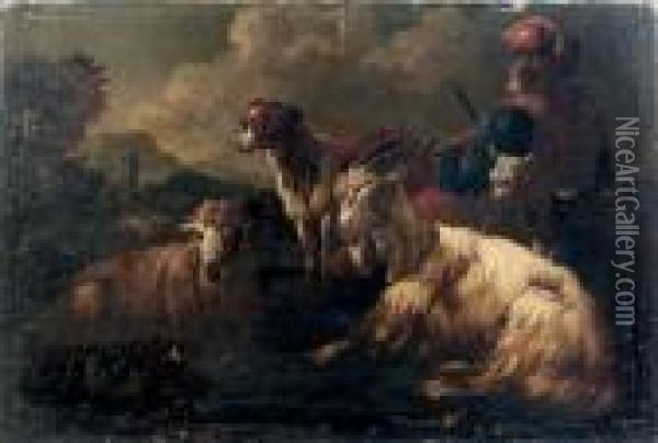 A Peasant With A Goat, Sheep And His Dog In A Landscape Oil Painting - Philipp Peter Roos