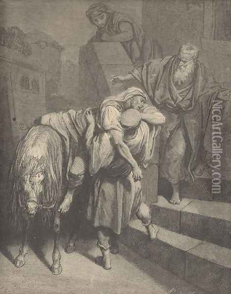 Arrival Of The Samaritan At The Inn Oil Painting - Gustave Dore