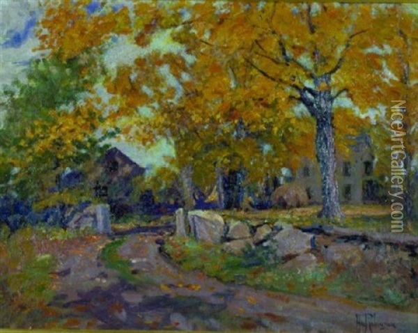 Old Stone Wall, Autumn Oil Painting - Hal Robinson