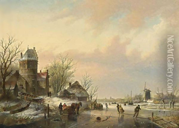 A Winter Landscape With Skaters Near A A'Koek En Zopie A' Oil Painting - Jan Jacob Coenraad Spohler