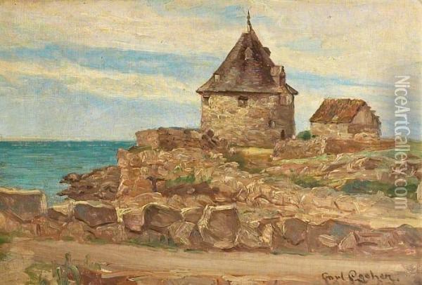 The Old Tower On Frederikso. Signed Carl Locher Oil Painting - Carl Locher